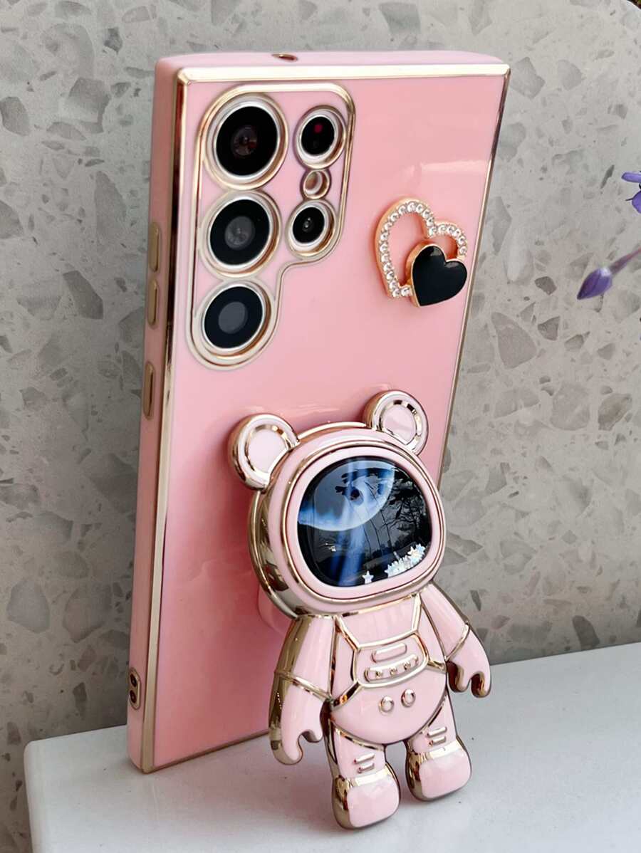 水鑽愛心裝飾手機殼帶宇航員設計支架 - 粉色 - 查看 1