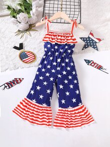 小女童美式印花荷葉邊吊帶連體褲 - 彩色 - 查看 1