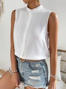 SHEIN Frenchy 蕾絲拼接前紐扣無袖襯衫 - 白色 - 查看 5