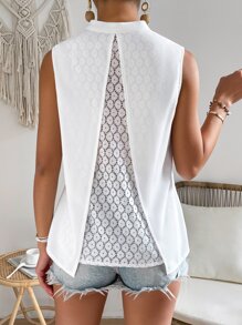 SHEIN Frenchy 蕾絲拼接前紐扣無袖襯衫 - 白色 - 查看 3