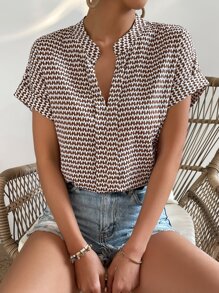 SHEIN Frenchy 滿版印花蝙蝠袖四分之一無紐扣開襟襯衫 - 彩色 - 查看 4