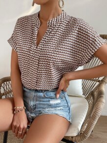 SHEIN Frenchy 滿版印花蝙蝠袖四分之一無紐扣開襟襯衫 - 彩色 - 查看 6