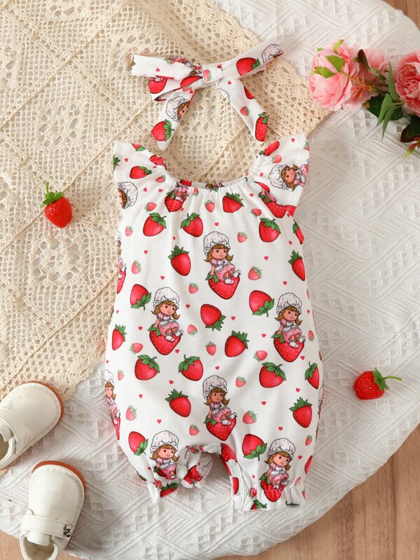 SHEIN Newborn Baby Strawberry & Figure Graphic Ruffle Trim Romper