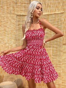 SHEIN VCAY Ditsy Floral Print Frill Trim Cami Dress - Red - View 1