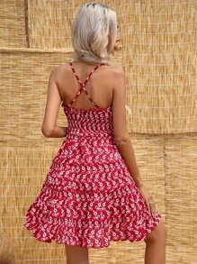 SHEIN VCAY Ditsy Floral Print Frill Trim Cami Dress - Red - View 2