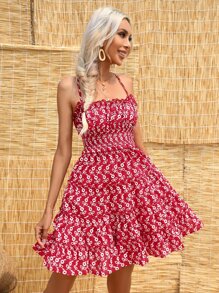 SHEIN VCAY Ditsy Floral Print Frill Trim Cami Dress - Red - View 6