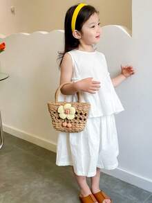 Girls Straw Bag Double Handle Flower Decor - Khaki - View 1