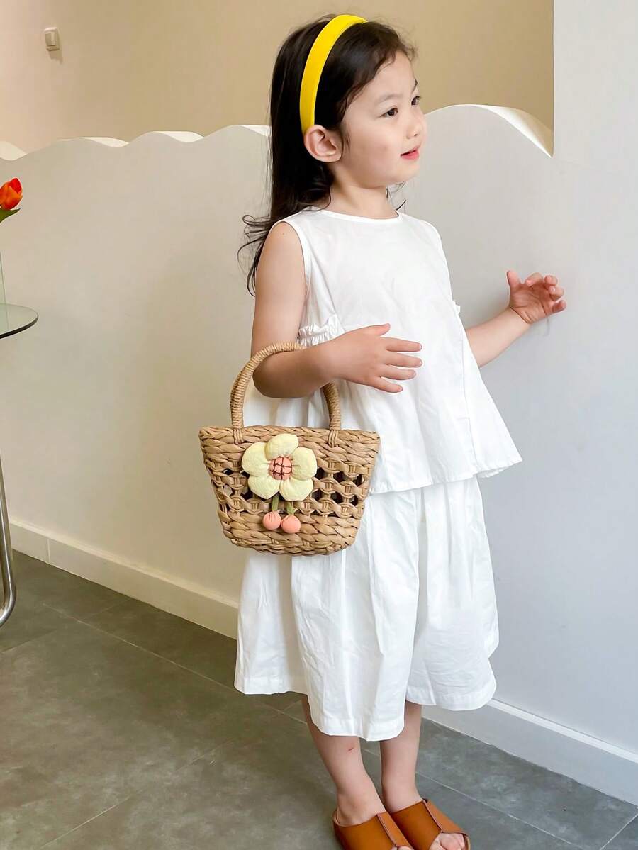Girls Straw Bag Double Handle Flower Decor - Khaki - View 1