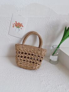 Girls Straw Bag Double Handle Flower Decor - Khaki - View 4