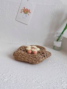 Girls Straw Bag Double Handle Flower Decor - Khaki - View 5