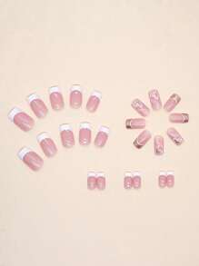 Transform Your Nails with 24pcs Short Square White French Striped Heart Print Fake Nail & 1sheet Tape & 1pc Nail File - Multicolor - View 3