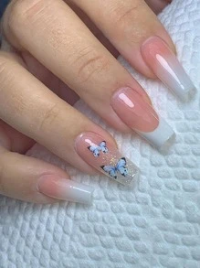 Instantly Upgrade Your Look With 24Pcs Long Square White Gradient French Butterfly Pattern Fake Nail & 1Sheet Tape & 1Pc Nail File Press On Nails Nail Supplies Nails - Multicolor - View 1