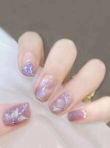 Breng uw levendige lentestijl naar een hoger niveau met 24 stuks korte ovale gradiënt paarse lente schattige kleine bloemmotief Japanse stijl glitter elegante zoete bling parel decor volledige dekking nep-nagelkit druk op nagels nagelbenodigdheden