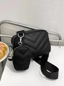 Chất rắn Đen Túi Vuông Chevron Chần Với ví coin , NỮ Cái túi Với Cái túi - màu đen - Xem 1