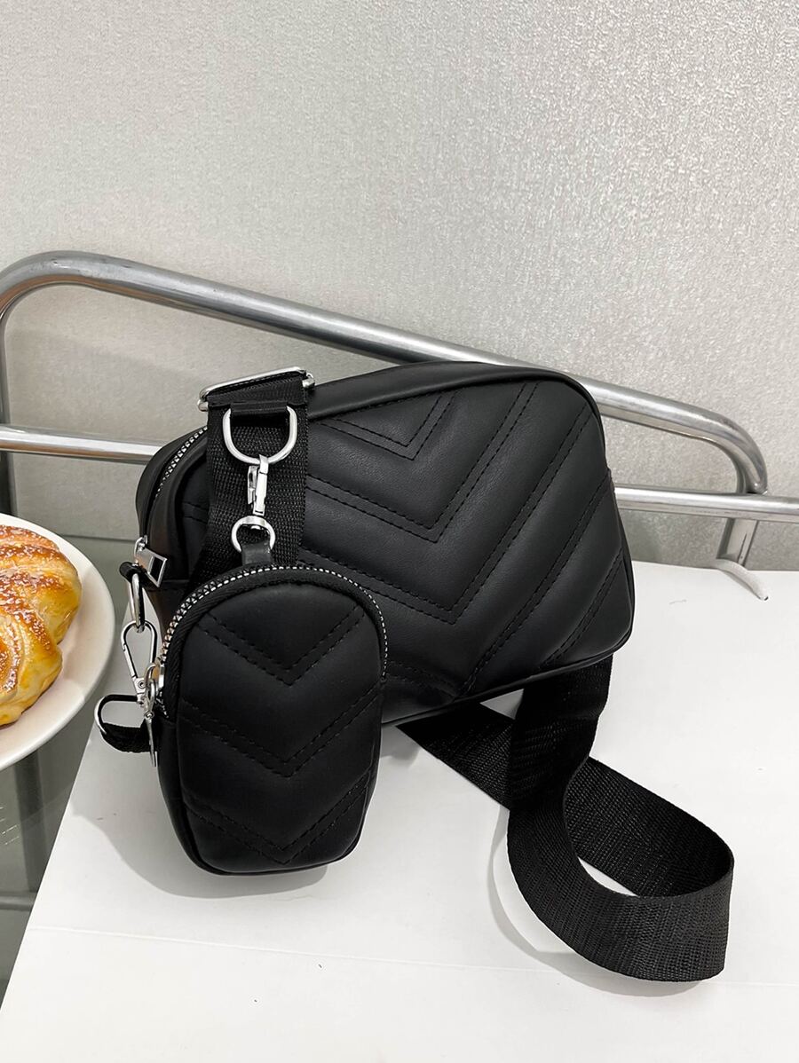 Chất rắn Đen Túi Vuông Chevron Chần Với ví coin , NỮ Cái túi Với Cái túi - màu đen - Xem 1