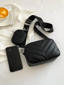 Chất rắn Đen Túi Vuông Chevron Chần Với ví coin , NỮ Cái túi Với Cái túi - màu đen - Xem 7