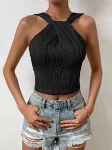 SHEIN Privé Áo khoác và áo lót dành cho xe tăng nữ Dây kéo Textured màu trơn Giải trí - màu đen - Xem 1