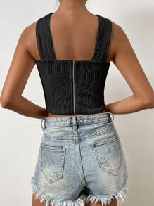 SHEIN Privé Áo khoác và áo lót dành cho xe tăng nữ Dây kéo Textured màu trơn Giải trí - màu đen - Xem 2