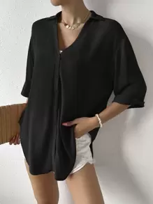 SHEIN Essnce Camisa unicolor de hombros caídos - Negro - Ver 1