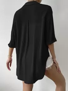 SHEIN Essnce Camisa unicolor de hombros caídos - Negro - Ver 2