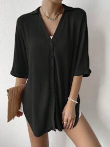 SHEIN Essnce Camisa unicolor de hombros caídos - Negro - Ver 3