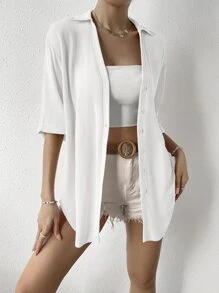 SHEIN Essnce Solid Drop Shoulder Button Front Shirt - White - View 5