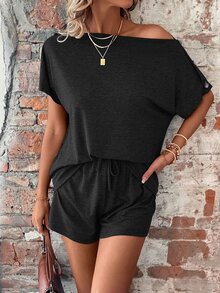 SHEIN LUNE Damska odzież dwuczęściowa Węzeł Prosty Casual - Czarne - Zobacz 4
