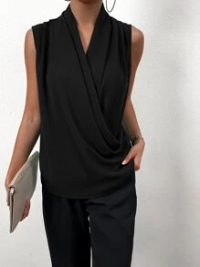 Chiquease Solid Surplice Neck Sleeveless Blouse - Black - View 3