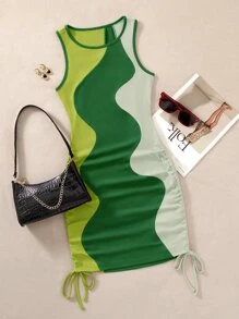 SHEIN Unity Colour Block Drawstring Side Bodycon Dress - Green - View 1