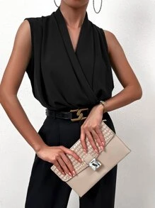 Chiquease Solid Surplice Neck Sleeveless Blouse - Black - View 4