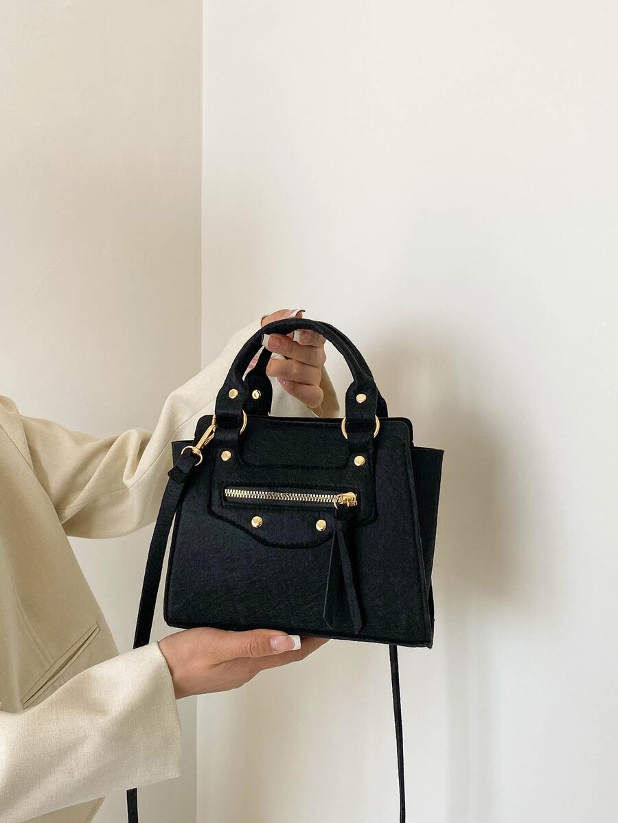 Bolsa cuadrada pequeño doble asa fieltro - Negro - Ver 1