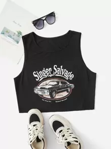 SHEIN EZwear Plus Car & Letter Graphic Tank Top - Black - View 1