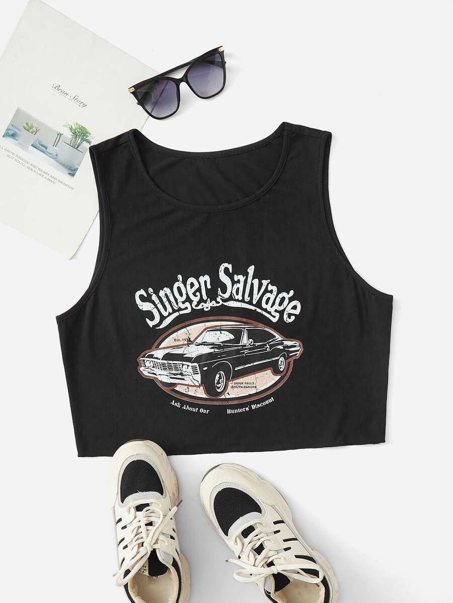 SHEIN EZwear Plus Car & Letter Graphic Tank Top - Black - View 1