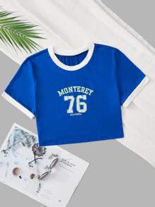 SHEIN EZwear Camiseta crop con estampado de letra unido en contraste - Azul - Ver 1