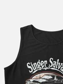 SHEIN EZwear Plus Car & Letter Graphic Tank Top - Black - View 3