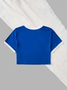 SHEIN EZwear Camiseta crop con estampado de letra unido en contraste - Azul - Ver 2