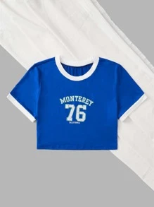 SHEIN EZwear Camiseta crop con estampado de letra unido en contraste - Azul - Ver 3