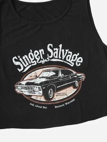 SHEIN EZwear Plus Car & Letter Graphic Tank Top - Black - View 4