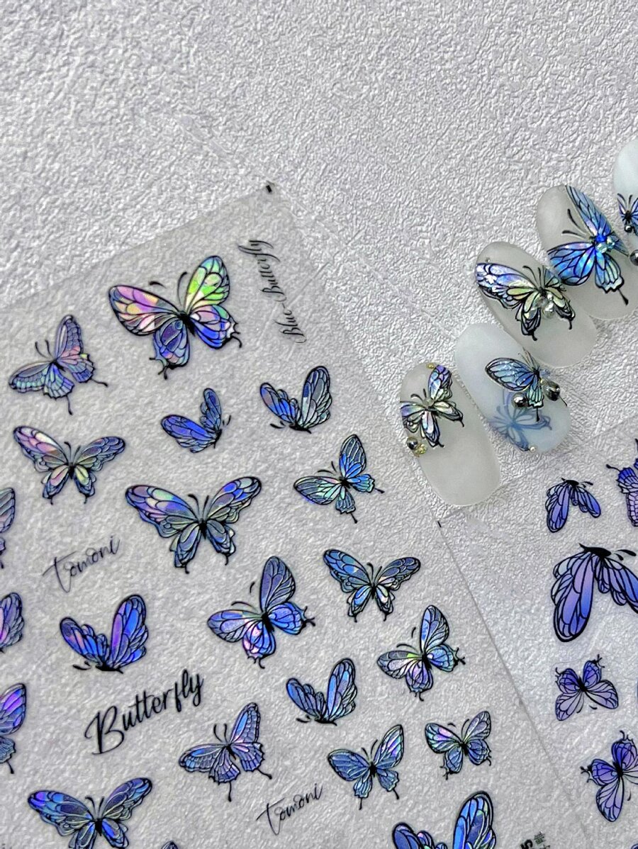 1張5D壓花生動鐳射鐳射跳舞蝴蝶膠黏劑美甲貼紙貼花DIY美甲裝飾品 - 彩色 - 查看 1