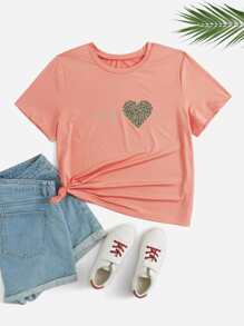 SHEIN LUNE Plus Leopard & Heart Print Tee - Coral Orange - View 1