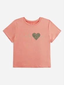 SHEIN LUNE Plus Leopard & Heart Print Tee - Coral Orange - View 2