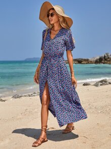 EURMUSE Ditsy Floral Print Split Hem Dress - Blue - View 1