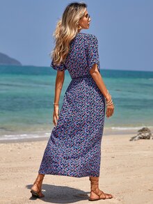 EURMUSE Ditsy Floral Print Split Hem Dress - Blue - View 2