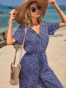 EURMUSE Ditsy Floral Print Split Hem Dress - Blue - View 6