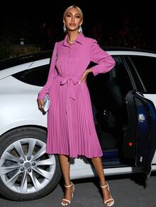 SHEIN LUNE Solid Pleated Hem Belted Shirt Dress - Purple - View 7