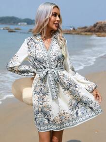 GENKIRA 佩斯利印花燈籠袖繫腰帶洋裝 - 彩色 - 查看 3