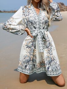 GENKIRA 佩斯利印花燈籠袖繫腰帶洋裝 - 彩色 - 查看 4