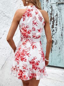 SHEIN VCAY Vestido halter con estampado floral bajo con fruncido con cinturón - Blanco - Ver 2