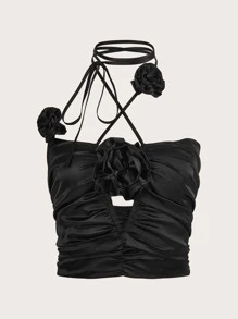 SHEIN MOD Áo khoác và áo lót dành cho xe tăng nữ Cắt ra Xù Hội Chữ thập màu trơn Gợi cảm - màu đen - Xem 1