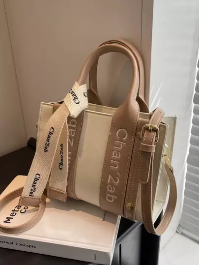 輕便商務休閒迷你方包字母刺繡設計雙手柄帶字母圖案腰帶適合青少年女孩女大學生、菜鳥和白領完美適合辦公室、大學、工作、商務、通勤、戶外、旅行、郊遊